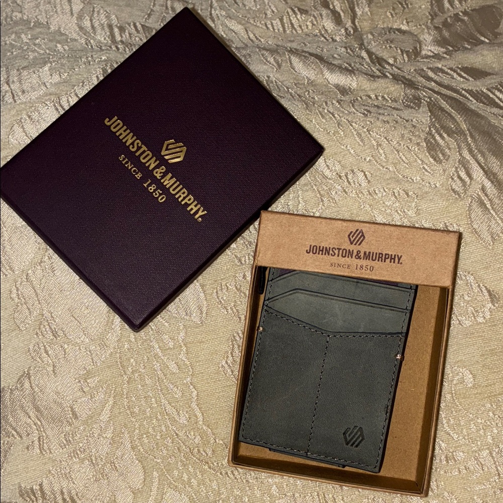NEW Johnston & Murphy Gray RFID Blocking Leather Wallet Money Clip